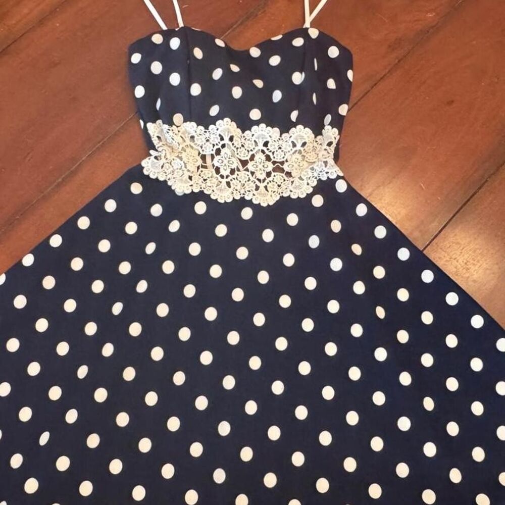 Fashion Nova Womens Navy White Polka Dot Lace Cutout Dress Size S